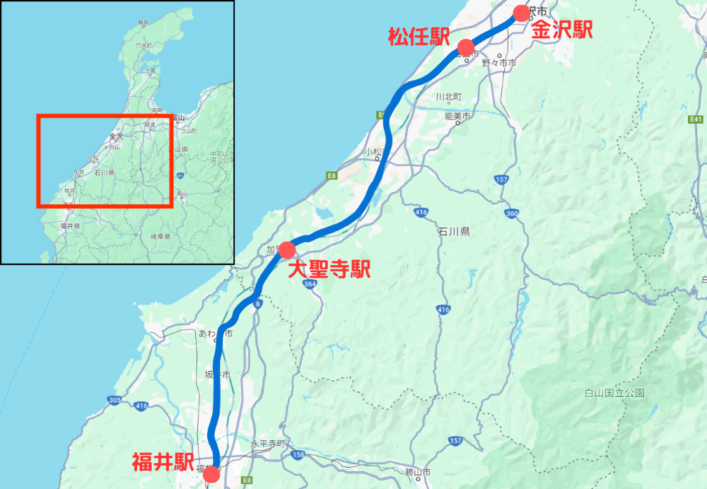 金沢駅から福井駅までの道のり